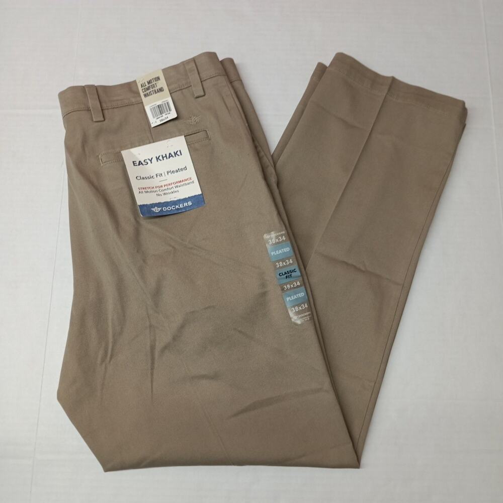 Dockers Easy Khakis Pants Men's 38x34 Beige Pleated Classic Fit No Wrinkles